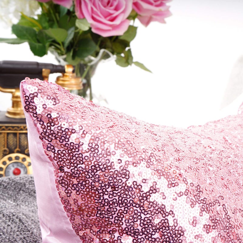 YOUR SMILE Pack of 2 New Luxury Series Pink Bling Decorative Glitzy Sequin & Comfy Satin Solid Throw Pillow Cover Cushion Case for Wedding/Christmas,18" x 18" - Image 4